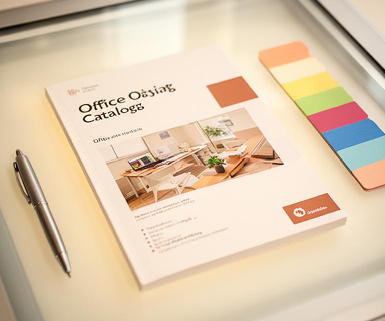Gedruckter Katalog mit Bürobedarf auf einem hellen Tisch neben einem Stift und farbigen Registerkarten