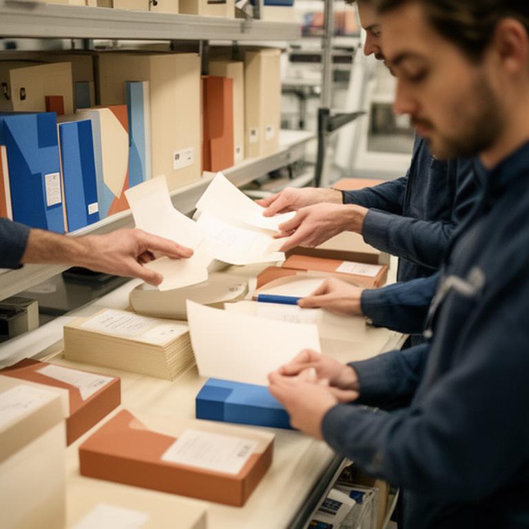 Mitarbeitende in einer modernen Zürcher Produktionsumgebung prüfen Papierprodukte und Verpackungen