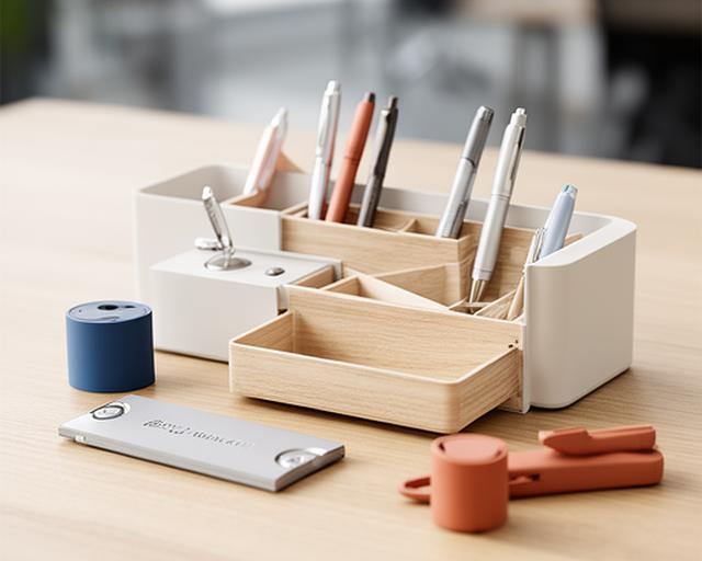 Modernes Stifthalter-Set mit Zubehör auf einem aufgeräumten Schreibtisch aus hellem Holz