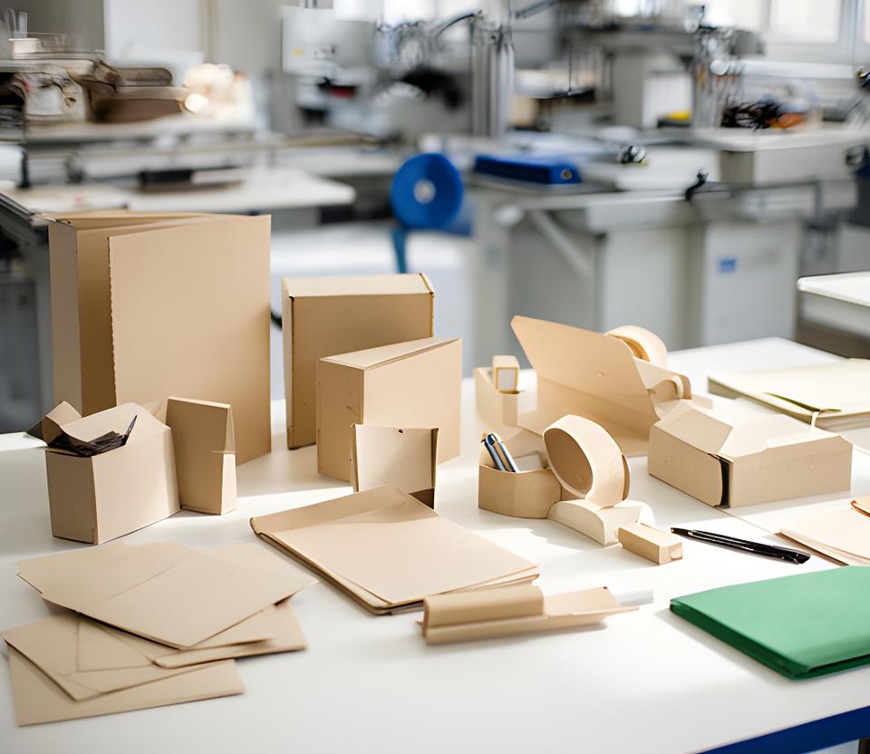 Nachhaltige Büroartikel auf einem hellen Arbeitstisch in einem Zürcher Produktionsraum mit Recyclingkarton und natürlichem Licht