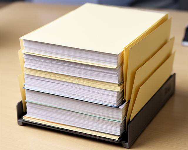 Briefablage mit gestapelten Dokumenten und klarer Linienführung auf einem professionellen Arbeitsplatz