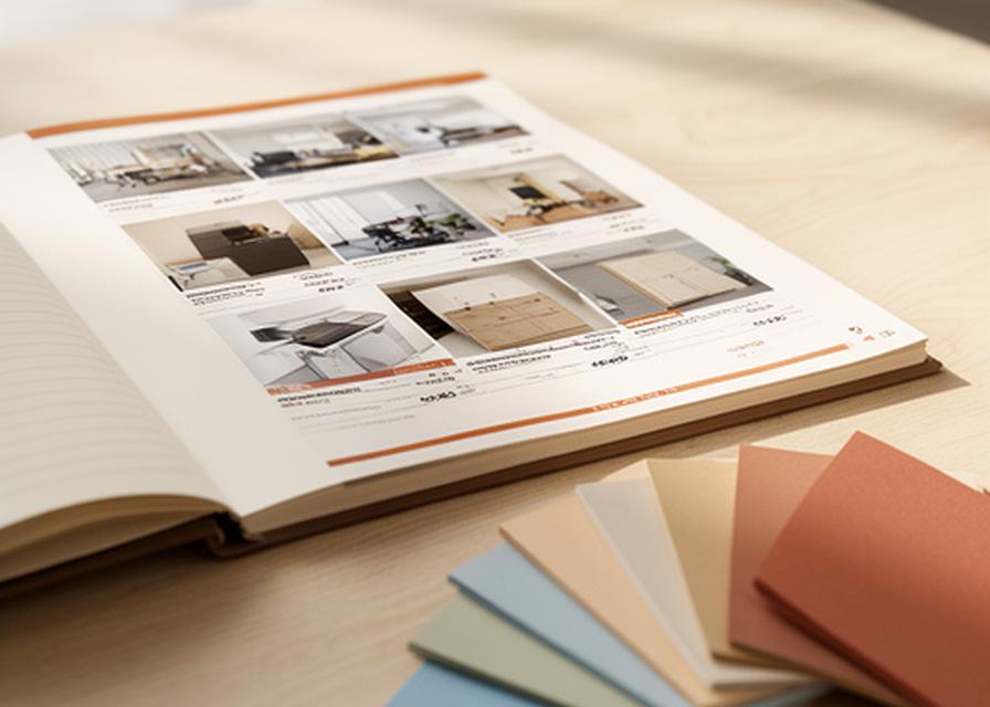 Gedruckter Bürokatalog auf einem hellen Holztisch neben einem geöffneten Notizbuch und Farbmusterkarten