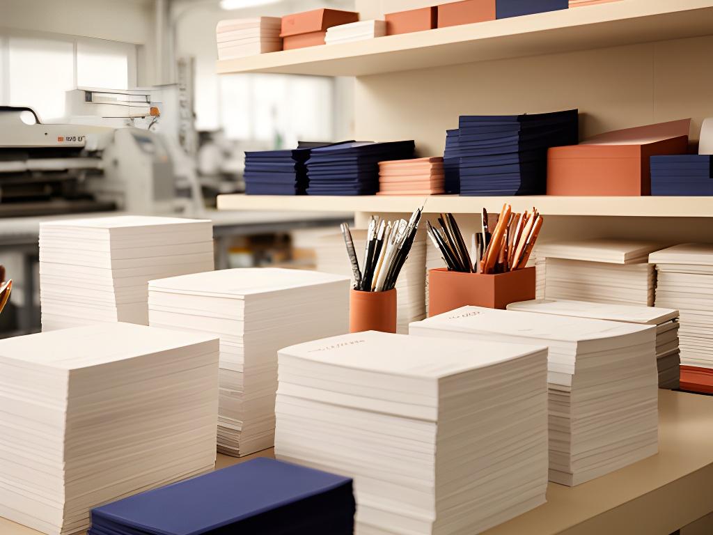 Moderne Bürobedarfs-Produktion mit Papierstapeln, Schreibgeräten und geordneten Regalen in Zürich