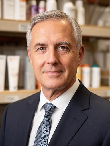 Geschäftsführer in einem modernen Büro mit Blick auf Lagerregale und Produktmuster