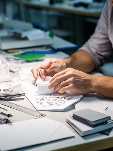 Produktentwicklerin an einem Arbeitstisch mit Prototypen, Papiermustern und Messwerkzeug